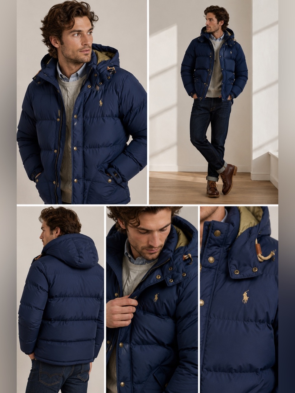 Polo Ralph Lauren Navy Goose Down Puffer Jacket Hooded Leather Toggle Coat Men’s